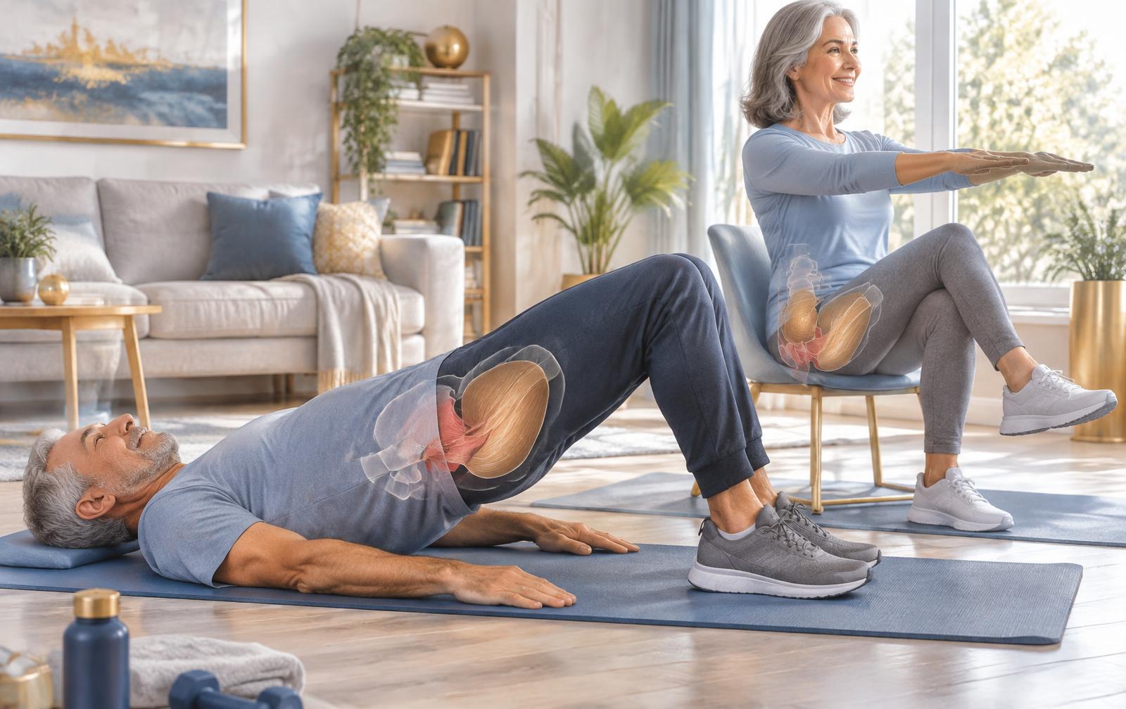 A mature man doing a glute bridge and a woman exercising on a chair, with pelvic floor and gluteal muscles highlighted