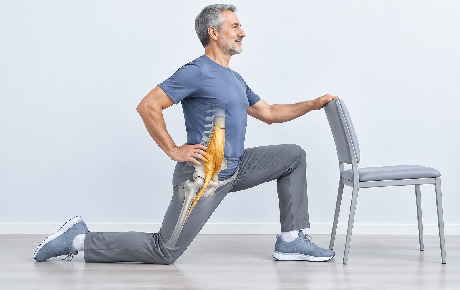 A man in a half-kneeling stretch by a chair; the iliopsoas muscle is highlighted